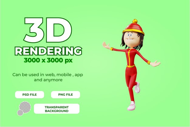 3d character chinese woman happy pose illustration object