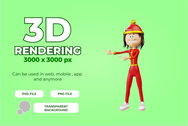 3d character chinese woman pointing to the right pose illustration object