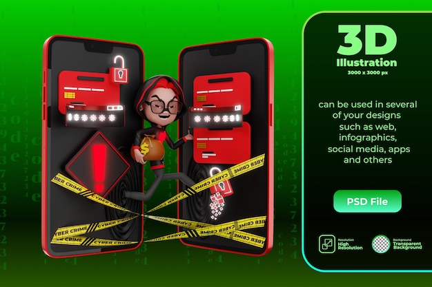 3D character cyber crime illustration