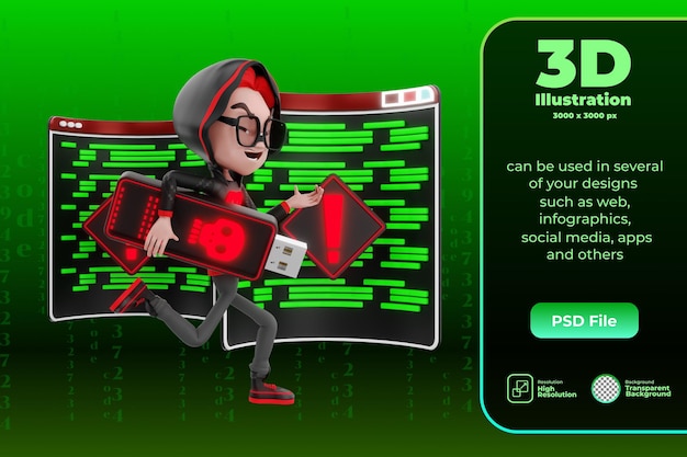 3D character cyber crime illustration