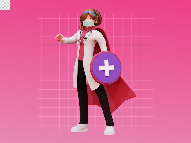 3d character female doctor illustration doing protection