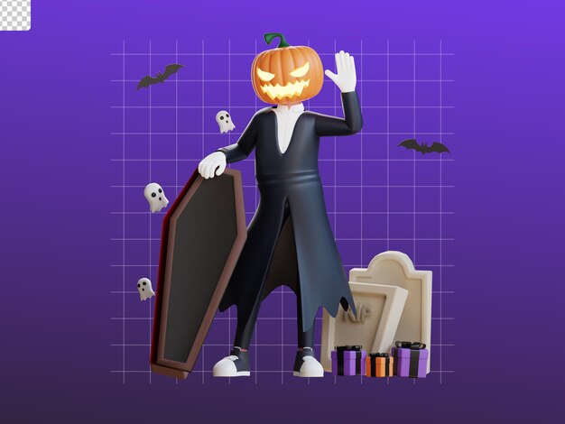 3d character halloween jack lantern illustration with coffin and grave