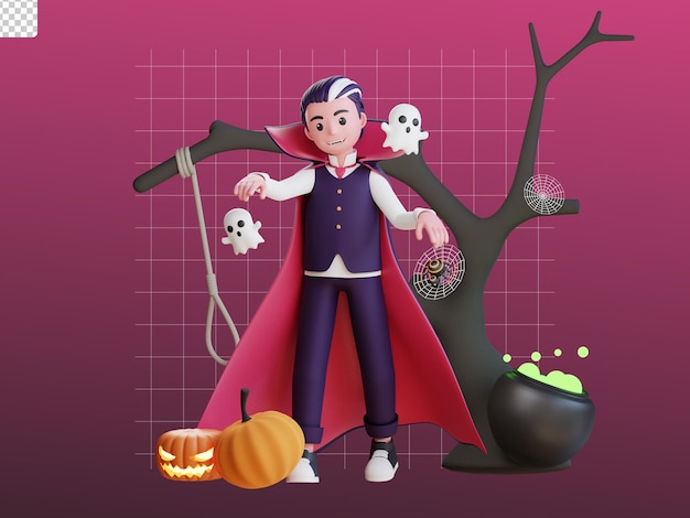 3d character halloween vampire illustration scare walk with ghost