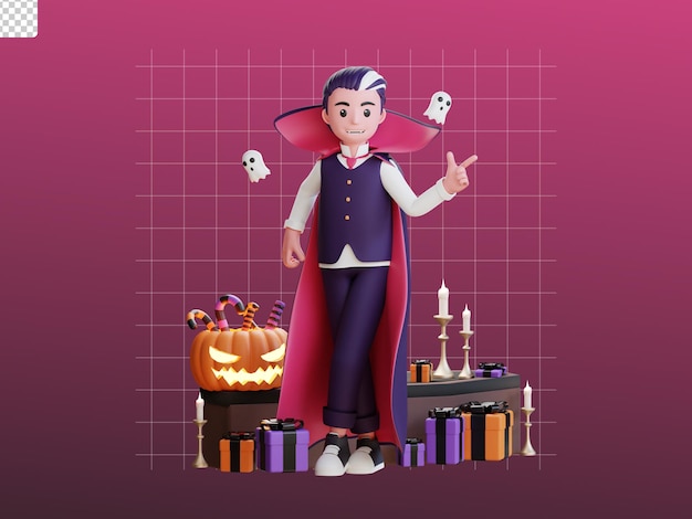 3d character halloween vampire illustration with coffin pumpkin and giftbox