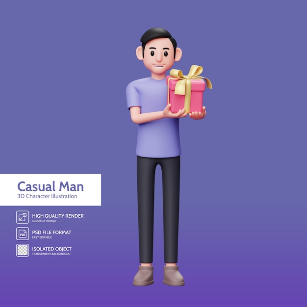 3d Character illustration casual man brings valentine gift and offers it, valentines day celebration concept