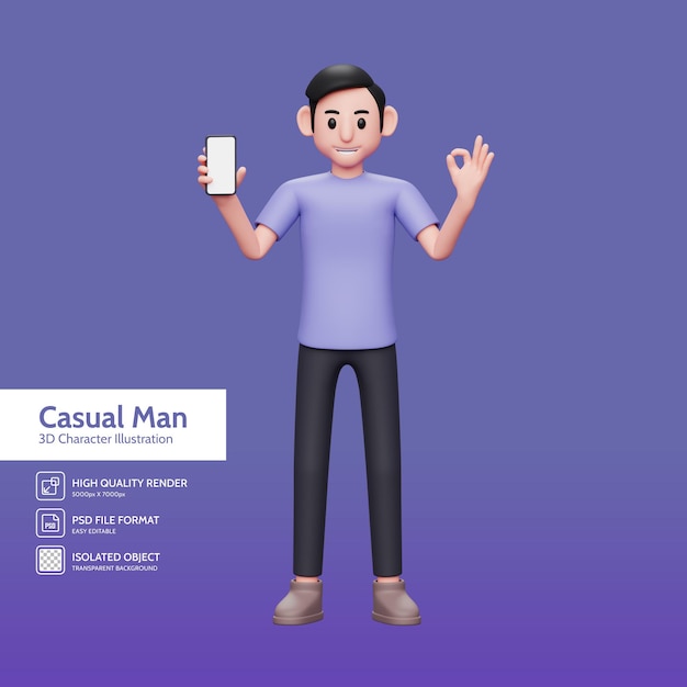 3d character illustration casual man holding blank screen mobile phone and showing ok finger