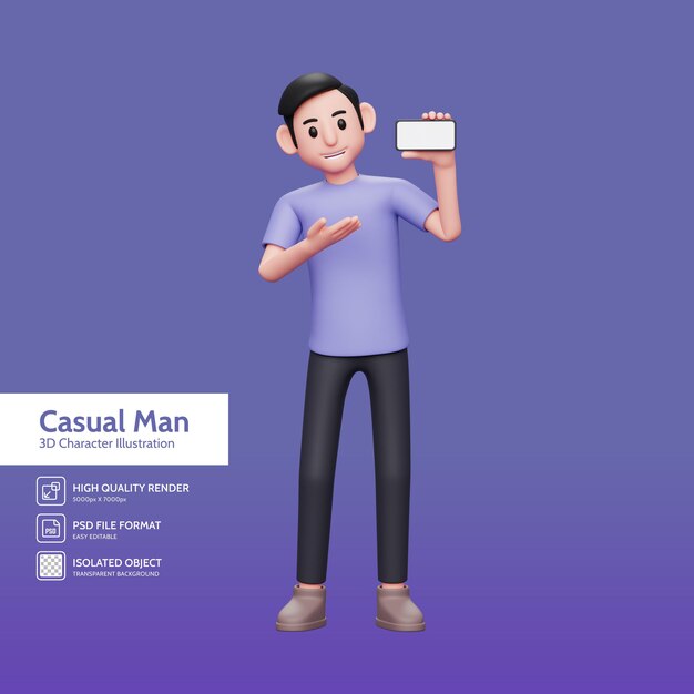 3d character illustration Casual man introduce or present something with a landscape phone screen