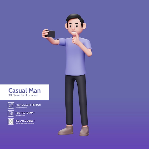 3d character illustration Excited Man Posing Take A Selfie By Mobile Phone, shoot video for social media content with a thumbs up