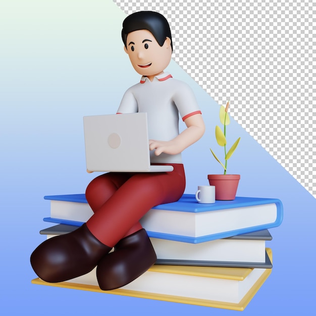 3D Character Illustration Working With Laptop Sitting On Book Premium PSD