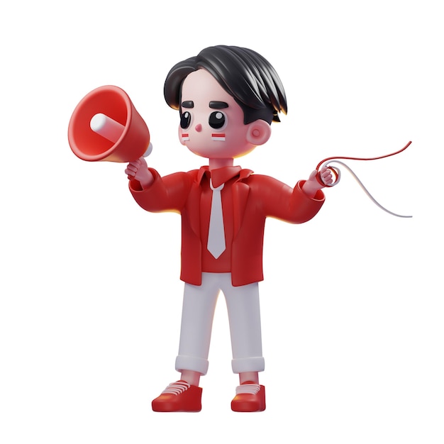 3d Character Independence day of Indonesia Holding Megaphone And Ribbon