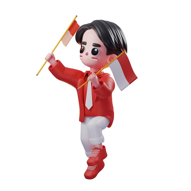 3d Character Independence day of Indonesia Jump While Holding The Flag