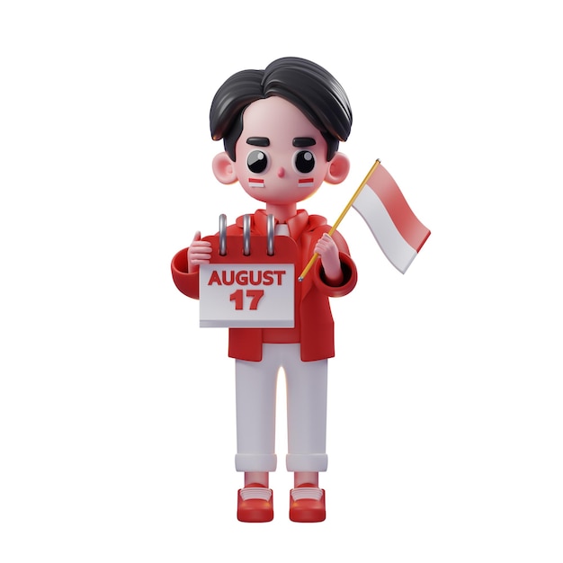 3d Character Independence day of Indonesia Show Calender While Holding Flag