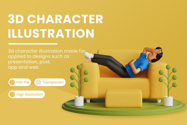 3d character is lazing on the chair Premium Psd