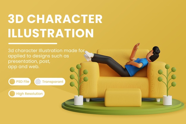 3d character is lazing on the chair Premium Psd