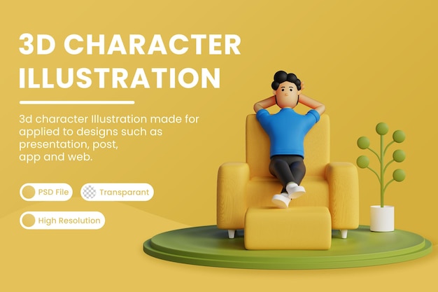 3d character is lazing on the chair Premium Psd