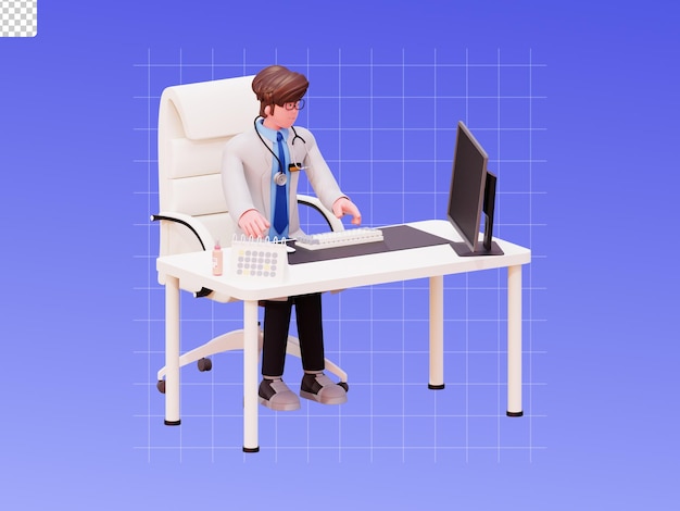 3d character male doctor illustration working at the office