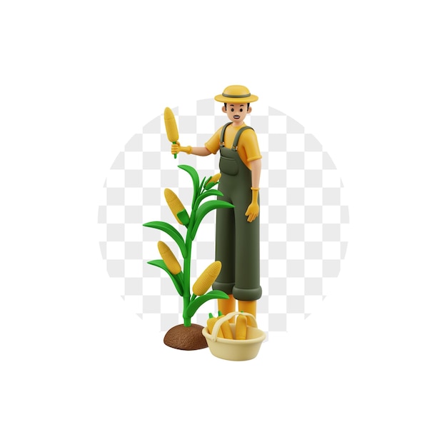 3D Character Male Farmer Harvesting Corn