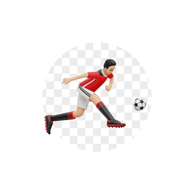 PSD 3d character male soccer player jumping while kicking the ball