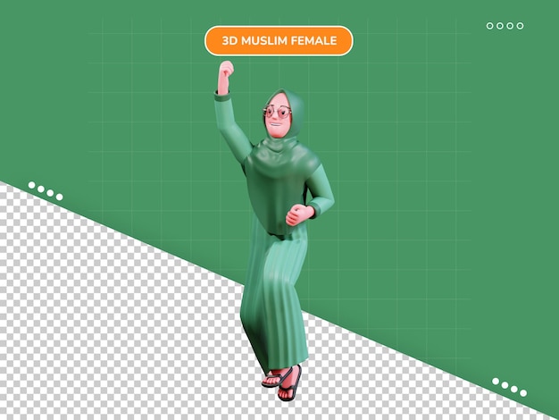 3d character muslim female with green clothes jump pose