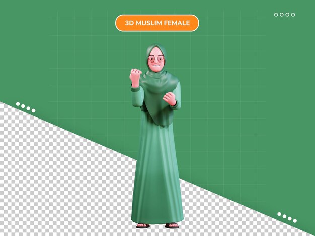 3d character muslim female with green clothes keep spirit pose