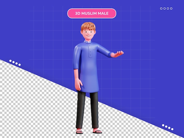 3d character muslim male with blue clothes right explaining pose