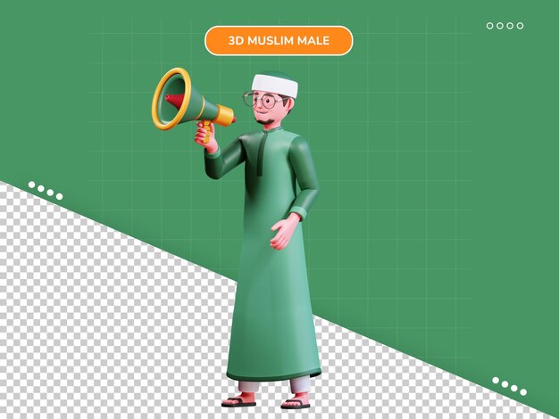 3d character muslim male with green clothes annoucement