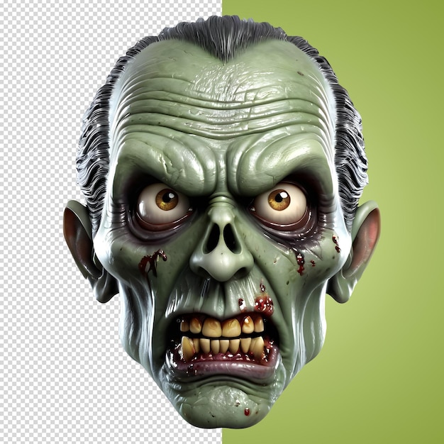 3d character Scary Zombie face 3d rendering style in transparent background