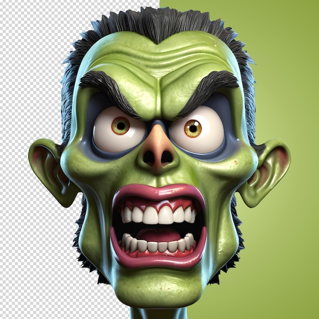 3d character Scary Zombie face 3d rendering style in transparent background