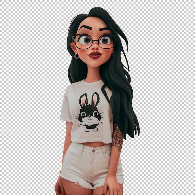 A 3d character of a teen girl wearing glasses with a transparent background