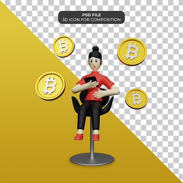 3d character with bitcoin icon illustration Psd