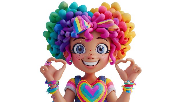 PSD a 3d character with rainbowcolored hair and accessories making a heart shape with their hands