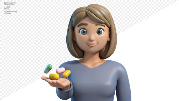 3D character woman holding colorful pills in hand on transparent background