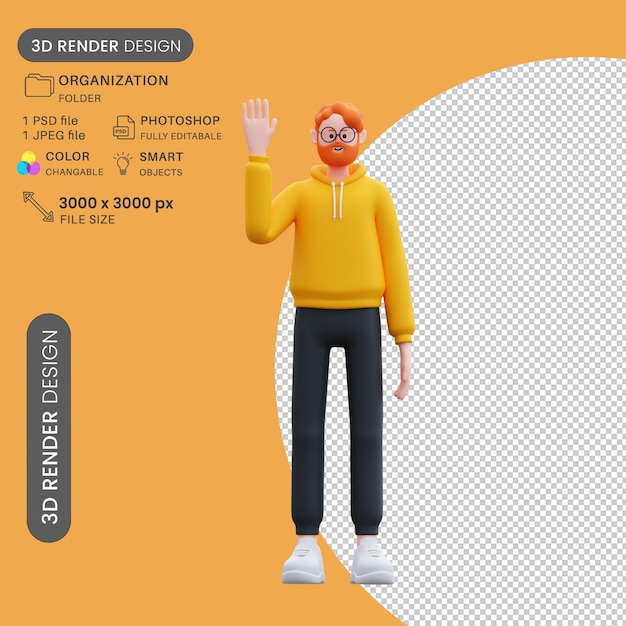 3D Character Yellow Hoodie Man Bye