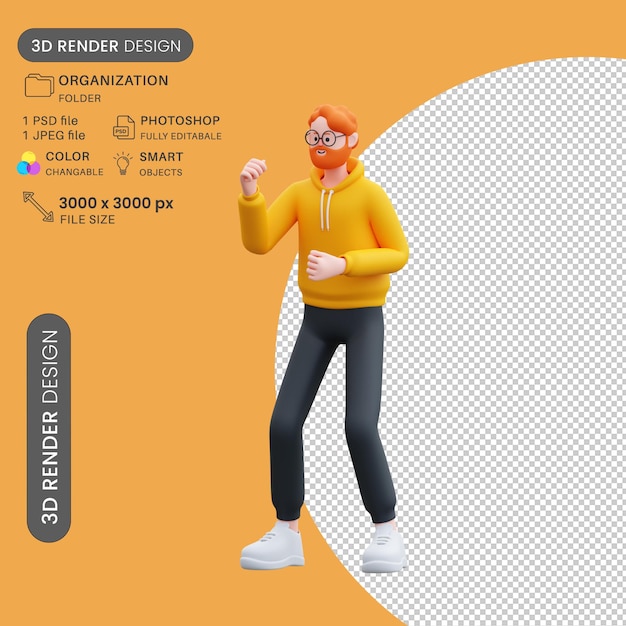 3D Character Yellow Hoodie Man Position