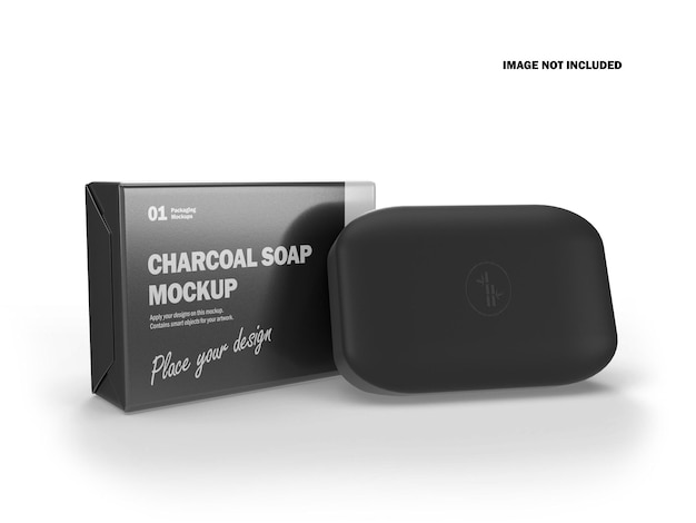 3D Charcoal Soap Bar With Glossy Package Mockup