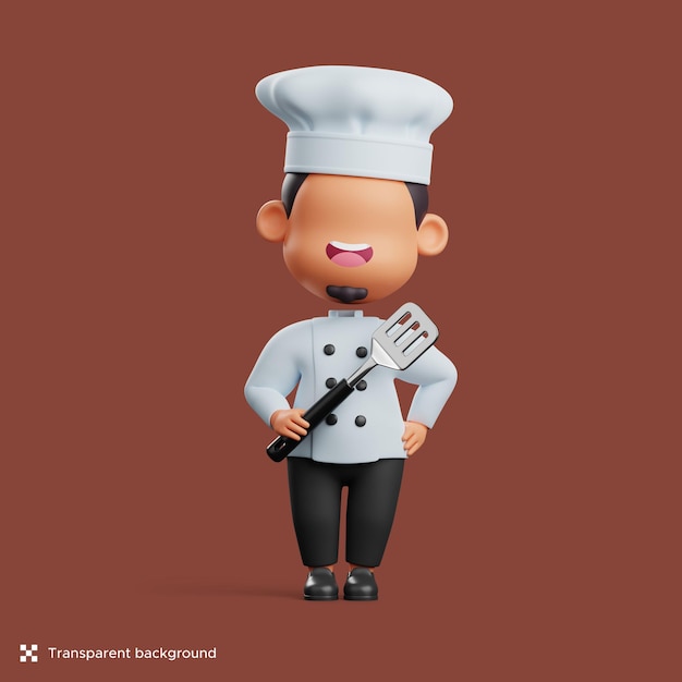 3d chef is happy holding a stainless spatula. cute character illustration