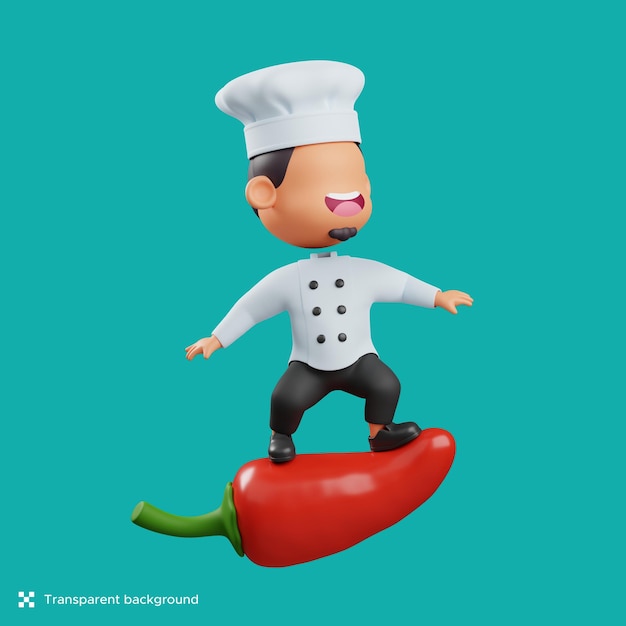 3d chef rides a red chili pepper. cute character illustration with isolated image