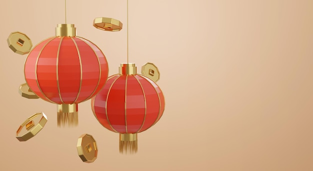 3d chinese design with coin and two red lanterns rendering