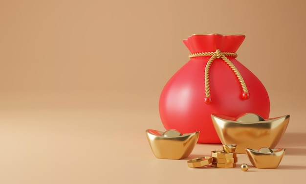 3d chinese design with gold, coin and lucky bag rendering