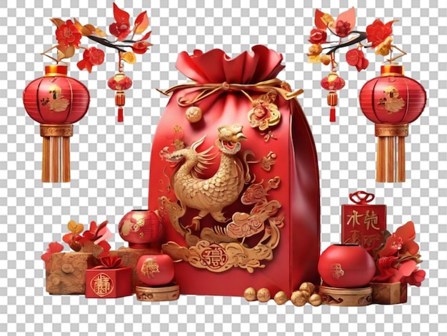 3d Chinese new year gift bag and decoration on transparent background