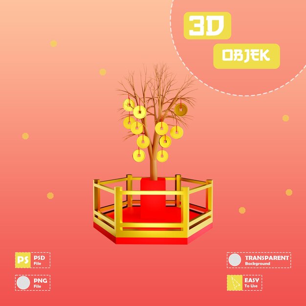 3D Chinese New Year Podium Tree Coin Yenpao Imlek With Transparent Background