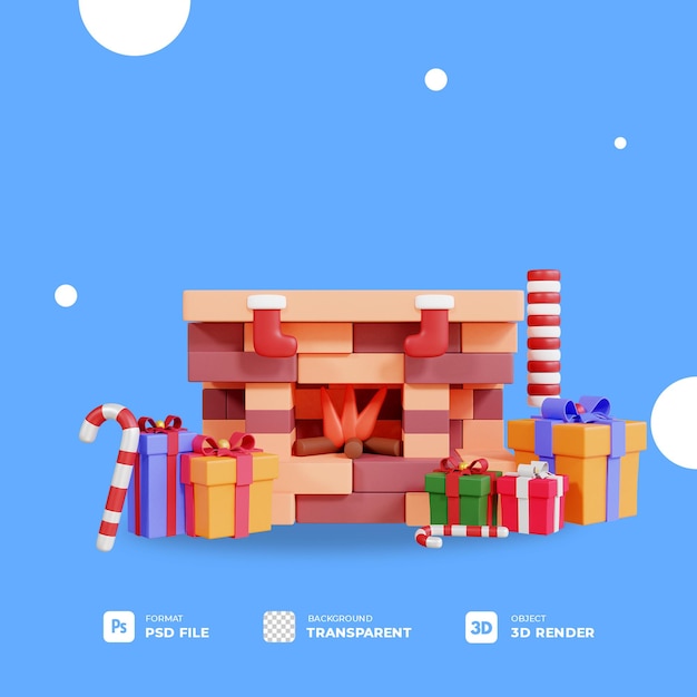 3d christmas gift box and fireplace with transparent background