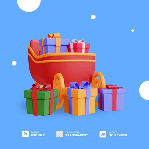 3d christmas gift box and sledge with transparent background