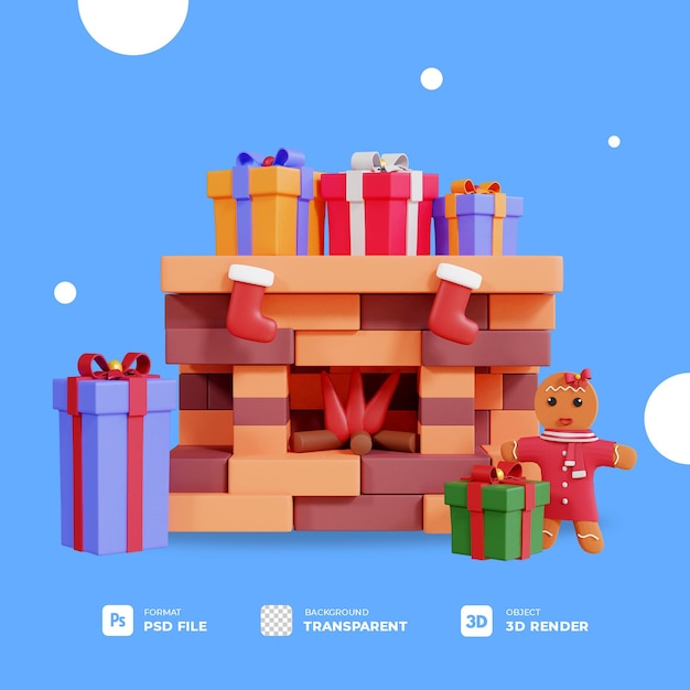 3d christmas gift box with fireplace and gingerbread