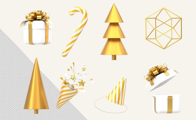 3D Christmas icon set Luxury white and gold of New Year decorations Holiday gift boxes candy cane xmas tree party popper with confetti striped hat isolated on white background 3D illustration