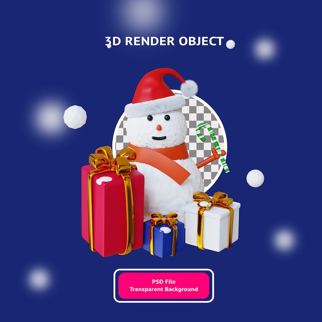 3d christmas snowman with gift illustartion object rendered transparent background