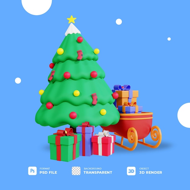 3d christmas tree, gift box and sledge with transparent background