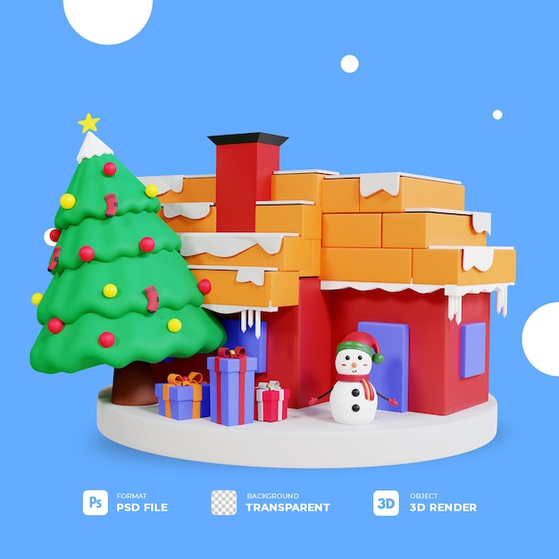 3d christmas tree, gift box and snowman in christmas house