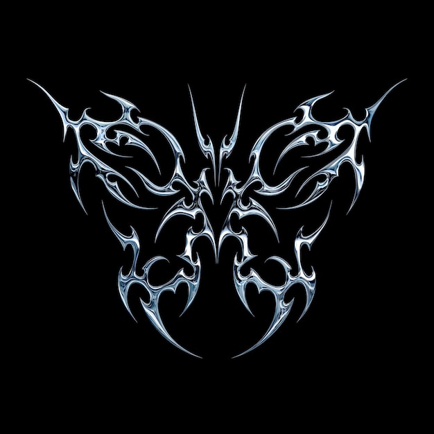 PSD 3d chrome metal effect neo tribal y2k gothic style tattoo cyber sigilism butterfly design icon