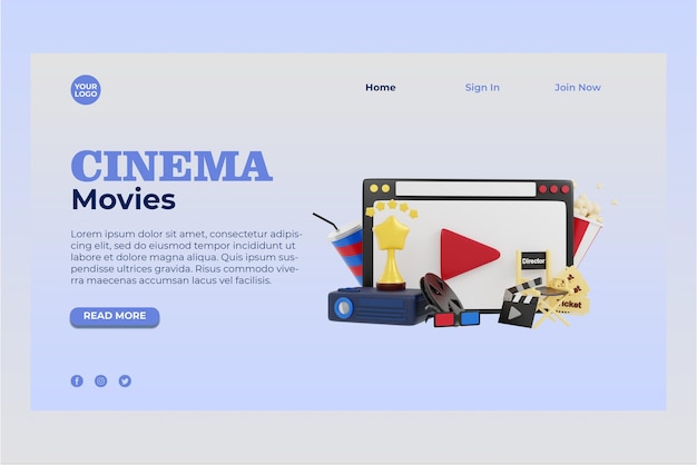 3d Cinema Movie illustration Landing Page Premium psd